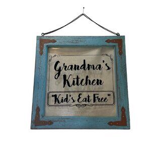 Grandmas Kitchen Sign "Kids Eat Free" Rustic Blue Frame 10x10”
